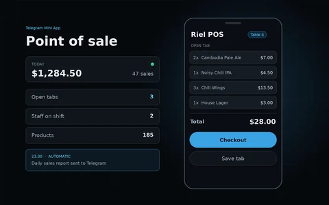Riel POS mini app showing an open tab with items, total and a checkout button